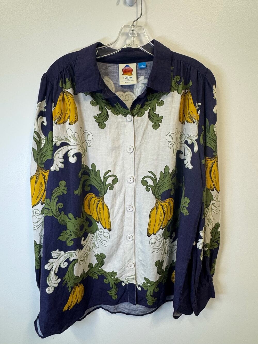 Farm Rio x Anthropologie Banana Print Linen Blend Puff Sleeve Blouse Top Navy XL